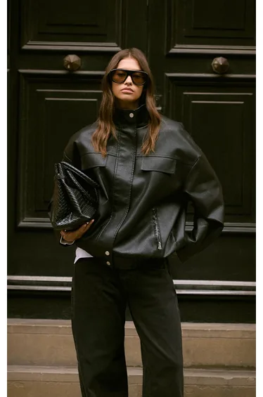 Black Funnel Neck Concealed Placket Faux Leather Jacket