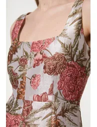 Floral Jacquard Strappy Full Skirted Tailored Maxi Dress - 1