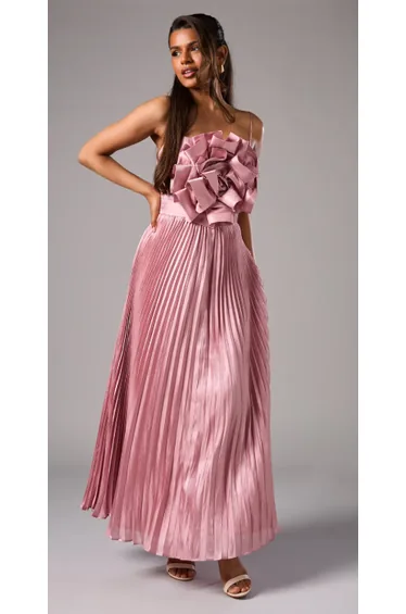 Petite Metallic Strappy Pleated Corsage Maxi Dress