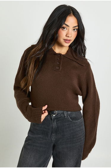 Oversized Collar Knitted Polo Jumper - chocolate