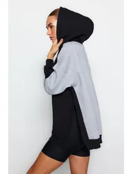 Gray Melange Color Block Wide In-Mould Fleece Knitted Sports Sweatshirt - 1