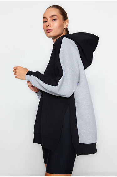 Gray Melange Color Block Wide In-Mould Fleece Knitted Sports Sweatshirt