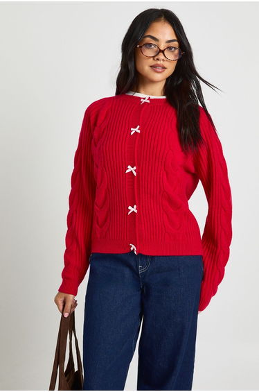 Bow Button Detail Cable Knit Cardigan - red