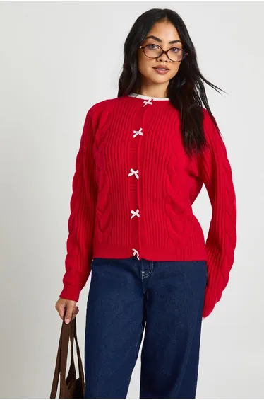 Bow Button Detail Cable Knit Cardigan - red