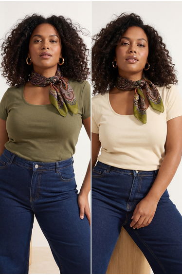 Khaki-Beige 2-Pack Soft Basic Knitted Plus Size Blouse