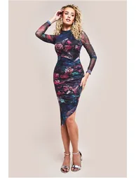 Goddiva Asymmetric Gathered Skirt Midi Dress - Black