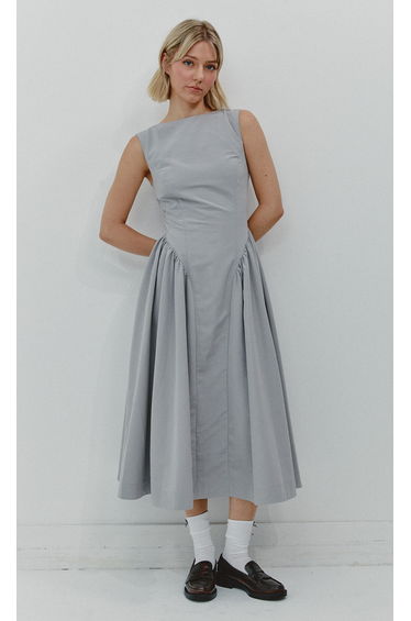 Grey Midi Dress with Gathered Waist