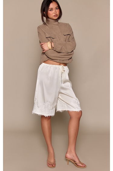 Butter Cream Satin Lace Detail Long Shorts
