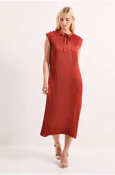 Pleated Satin Column Tie Back Midi Dress