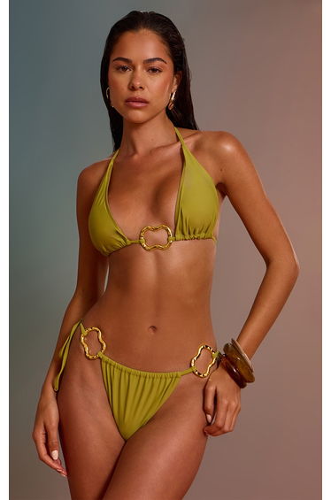 Olive Trim Detail Tie Side Bikini Bottom