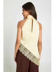 Satin High Neck Lace Trim Top - lemon - 2