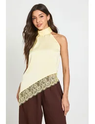 Satin High Neck Lace Trim Top - lemon - 1