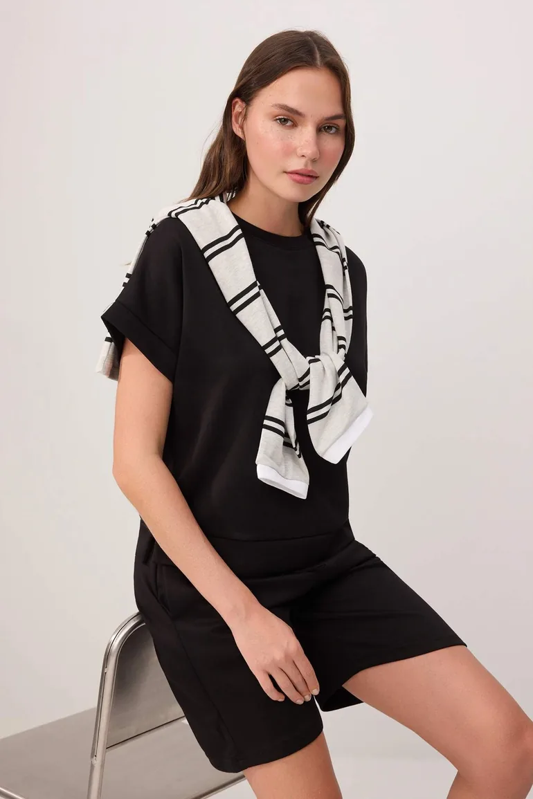 Black Regular Short Sleeve Wide Leg Short / Mini Soft Touch Knitted Bottom Top Set - 1