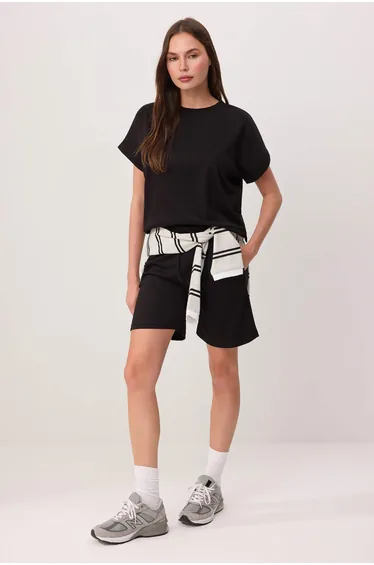 Black Regular Short Sleeve Wide Leg Short / Mini Soft Touch Knitted Bottom Top Set