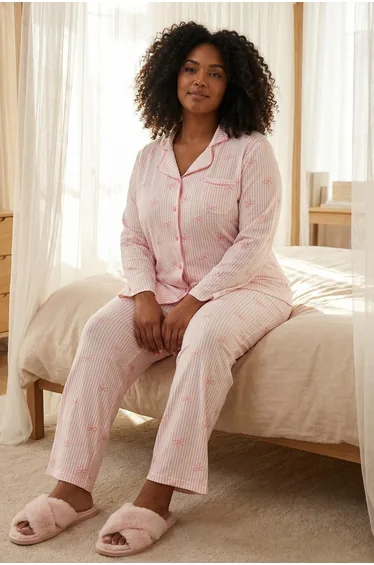 Pink ribbon patterned large size pajama set
