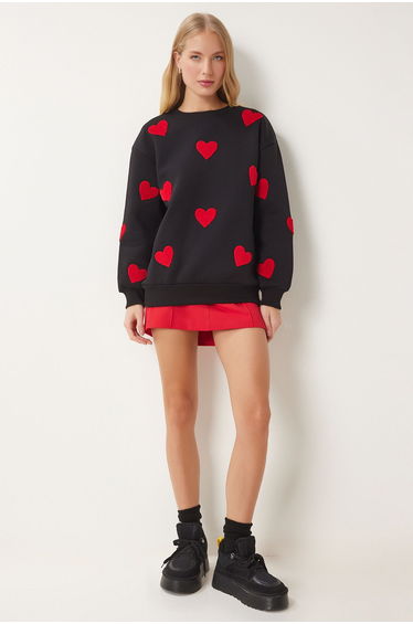 Women's Black Heart Textured Raised Knitted Sweatshirt