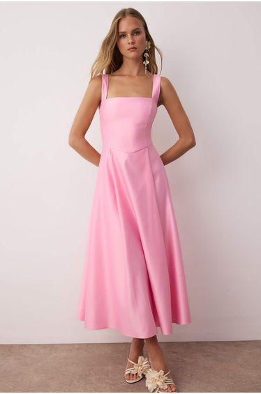 Light Pink A-Line Satin Woven Elegant Evening Prom Dress
