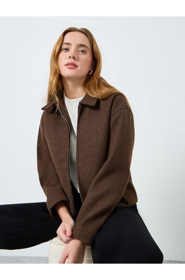 Women Brown Zip-Up Wool Jacket