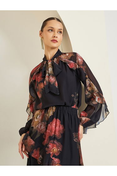Black Floral Print Ruffled Sleeve Blouse