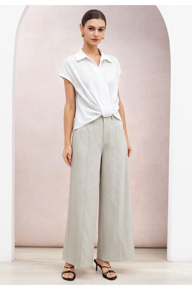Seam Detail Front Pockets Wide-Leg Cotton Pants in Light Grey for Everyday Wear & Errands