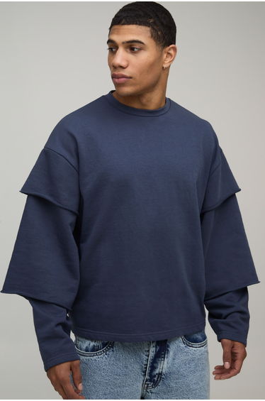 Oversized Boxy Triple Faux Sleeve Heavyweight Loopback Sweatshirt - navy