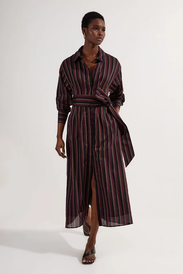 karen millen wrap shirt dress Stripe Cotton Poplin Drama Sleeve Woven Wrap Detail Shirt Dress