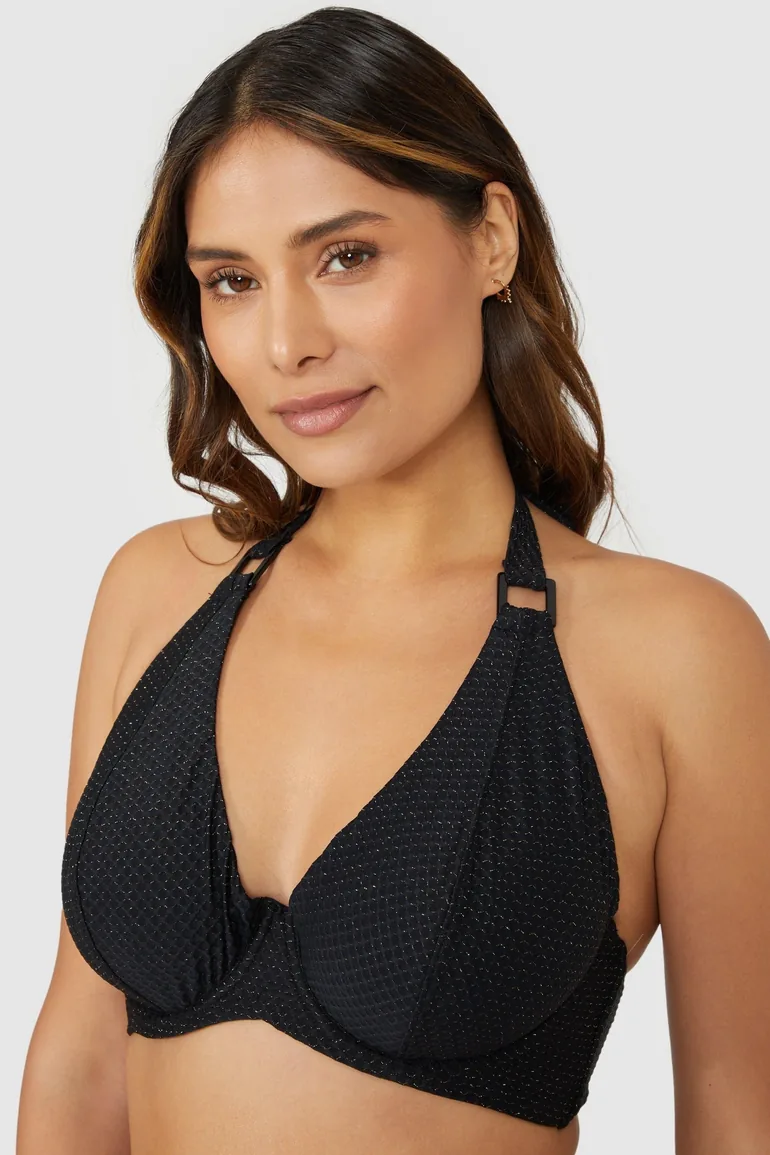 Gorgeous DD+ Gold Sparkle Plunge Non Pad Bikini Top - black - 2