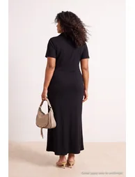 Black Polo Collar Buttoned Maxi Knitted Plus Size Dress - 6