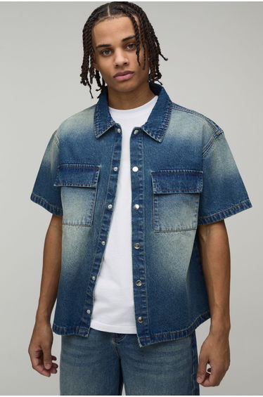 Boxy Fit Washed Pocket Detail Denim Shirt - mid wash