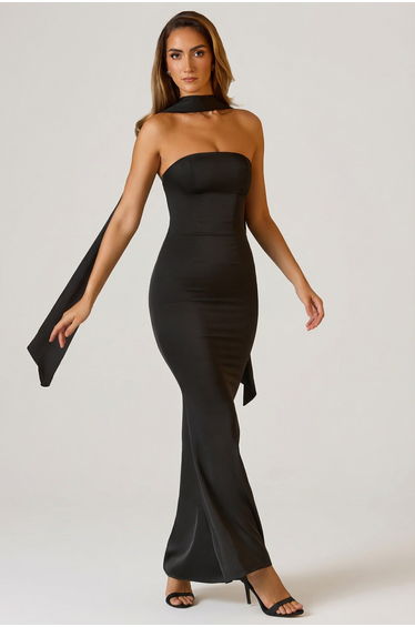 Scarf-Detail Strapless Gown in Black