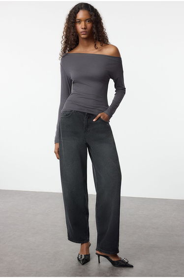 Anthracite Plain Premium Soft Fabric Fitted/Fits the Body Boat Neck Knitted TOP