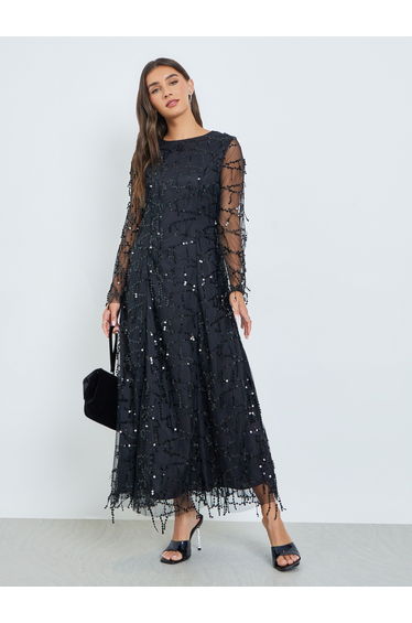 Black Sequin Maxi Dress with Long Sleeves