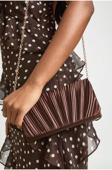 Satin Pleated Clutch Bag With Detachable Chain - chocolate