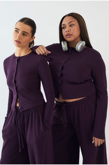 DSGN Studio Crew Neck Button Through Long Sleeve Top - aubergine