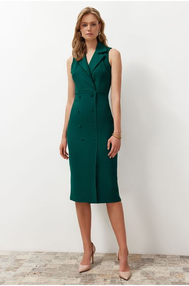 Emerald Green Body Wrap Button Detail Double Breasted Collar Sleeveless Midi Woven Dress