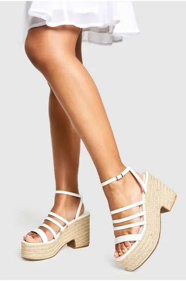 Wide Fit Strappy Low Wedge - white