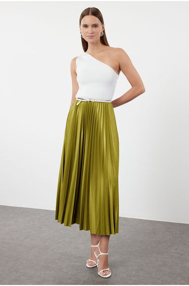 Oil Green Pleated Maxi Stretch Knit Skirt