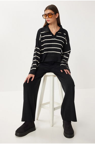 ISTANBUL Striped Ribbed Polo Shirt and Wide Leg Pants Co-Ord Set