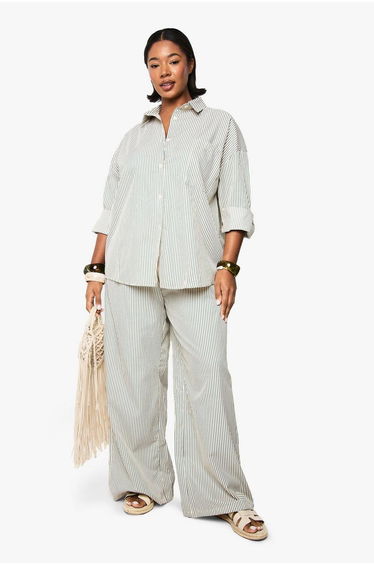 Plus Woven Stripe Elasticated Wide Leg Trouser - green