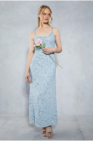 Embellished Neckline Sequin Maxi Dress