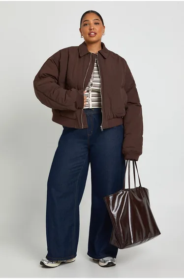 Plus Quilted Bomber Jacket - chocolate