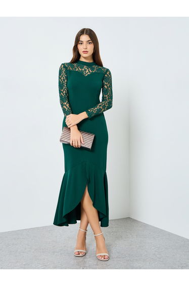 Women Green Lace Sleeve Mermaid Hem Midi Dress