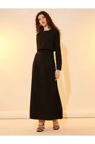 2in1 Look Solid Round Neck A-Line Maxi Dress