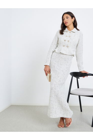 Women White Tweed Double Breasted Blazer Maxi Dress