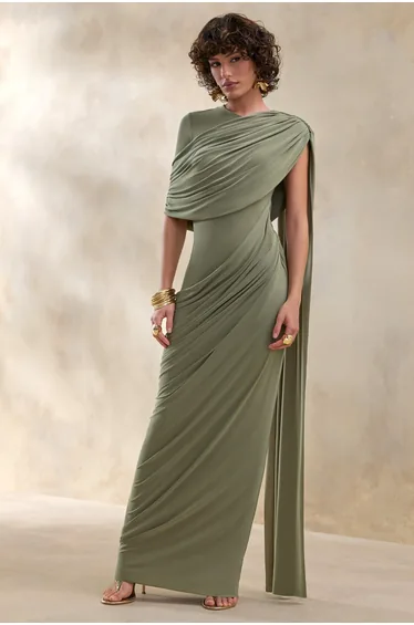 Gisara | Olive High-Neck Maxi Dress With Sash And Draped-Detailing