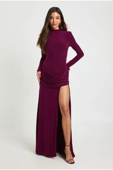 Slinky Shoulder Pad Drape Detail Maxi Dress - plum