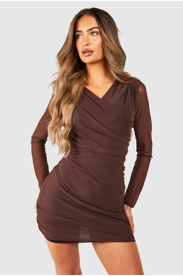 Mesh Cross Over Ruched Mini Dress - chocolate