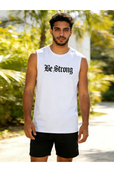 Men White Text Print Round Neck Tank and Shorts Co-Ords