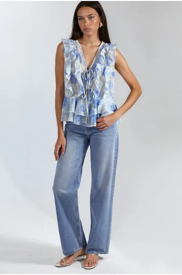 Floral V-Neck Chiffon Blouse with Tie Closure