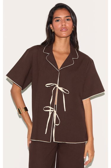 Dark Brown Contrast Trim Oversized Tie Front Top